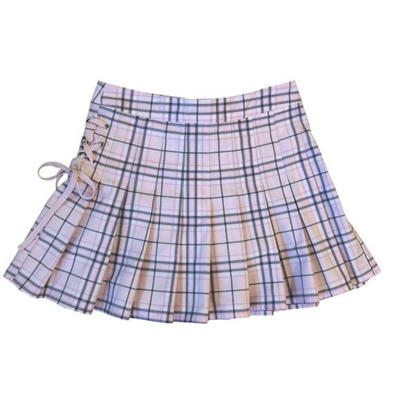 Forever 21 Dresses & Skirts - Preppy Pink Gray Plaid Pleated Skirt with Side Tie Coquette Small